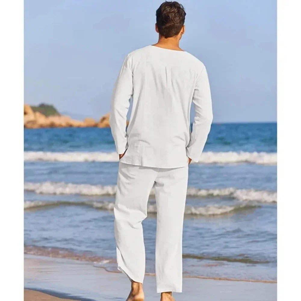 Casual Cotton Linen Two Piece Men Set