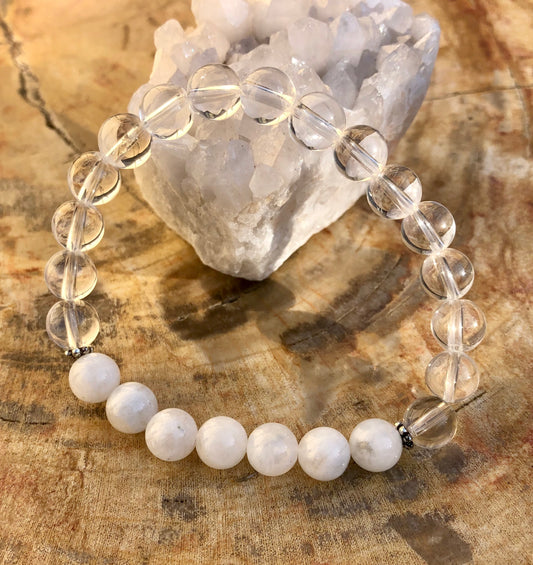 Rainbow Moonstone & Crystal Quartz Stretch Bracelet! Genuine Crystals!